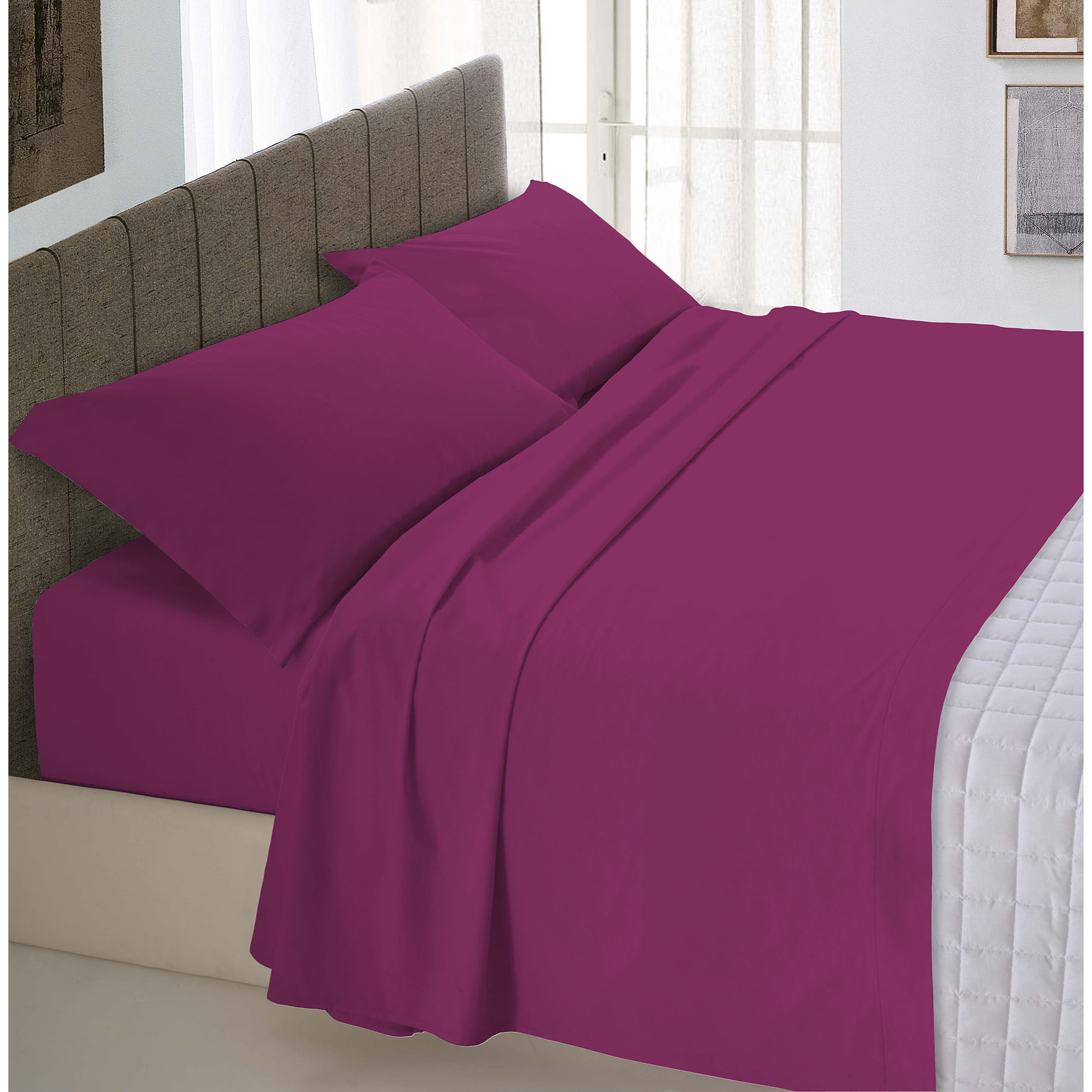 COMPLETO LETTO MAX COLOR MADE IN ITALY COTONE- FUCSIA MATRIMONIALE