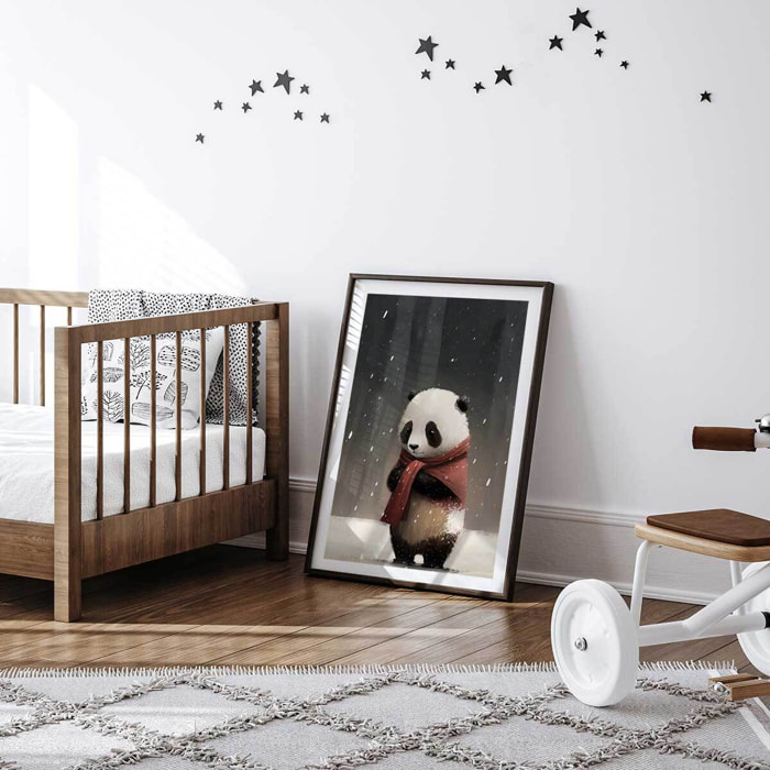 Affiche enfant panda sous la neige  Affiche sous cadre noir