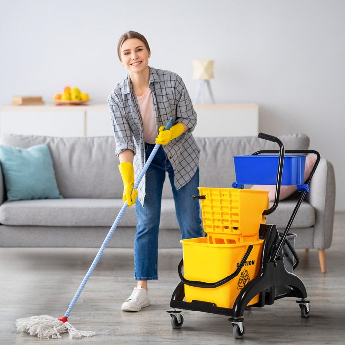 Cubo de Fregona con Ruedas, 26 L, Cubo de Fregar con Sistema de Escurridor de Presión Lateral, Asa de Transporte y Doble Cubetas Separadas para Doméstico y Comercial, Amarillo y Azul
