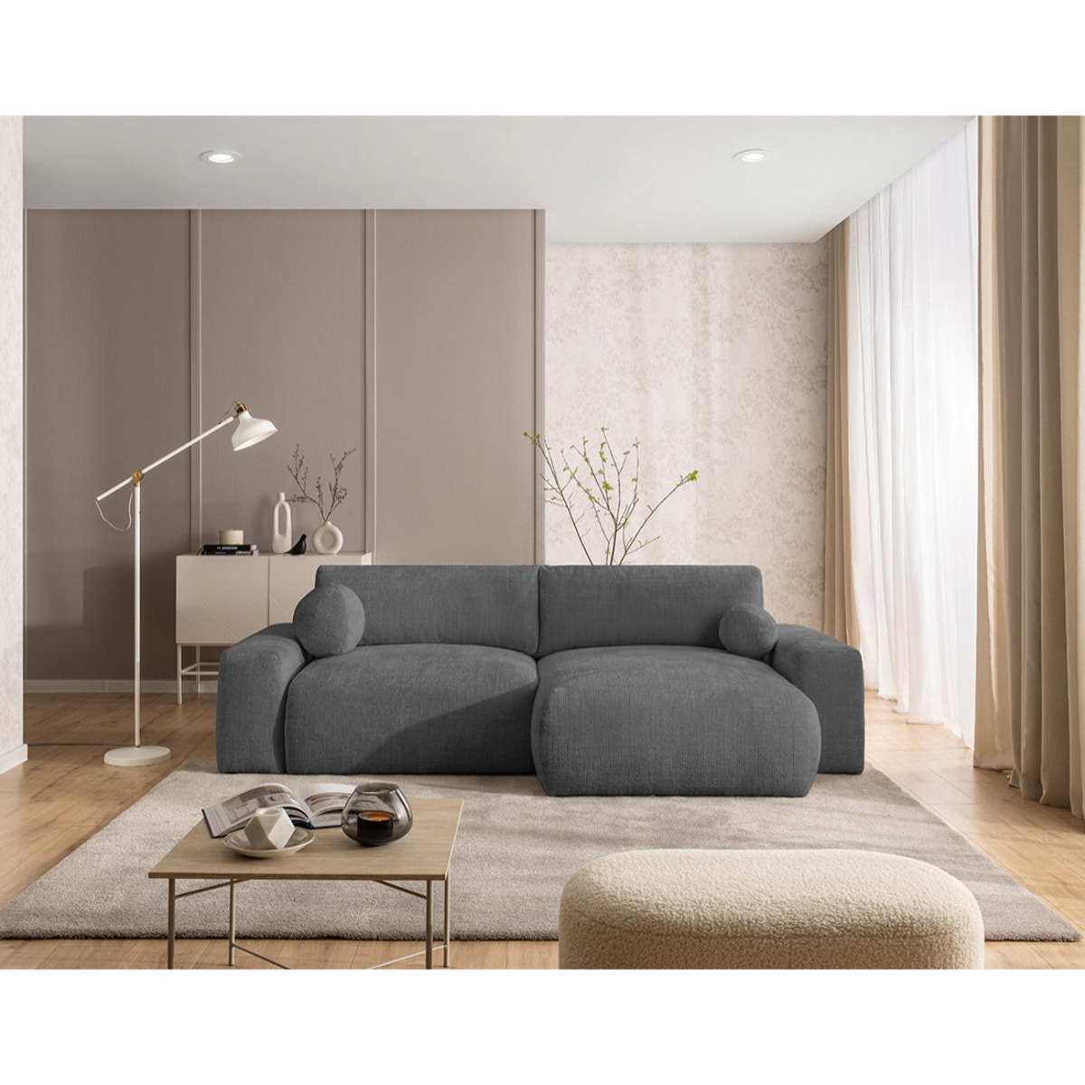 Constance - Canapé d'angle réversible 4 places convertible avec coffre en velours texturé - Gris