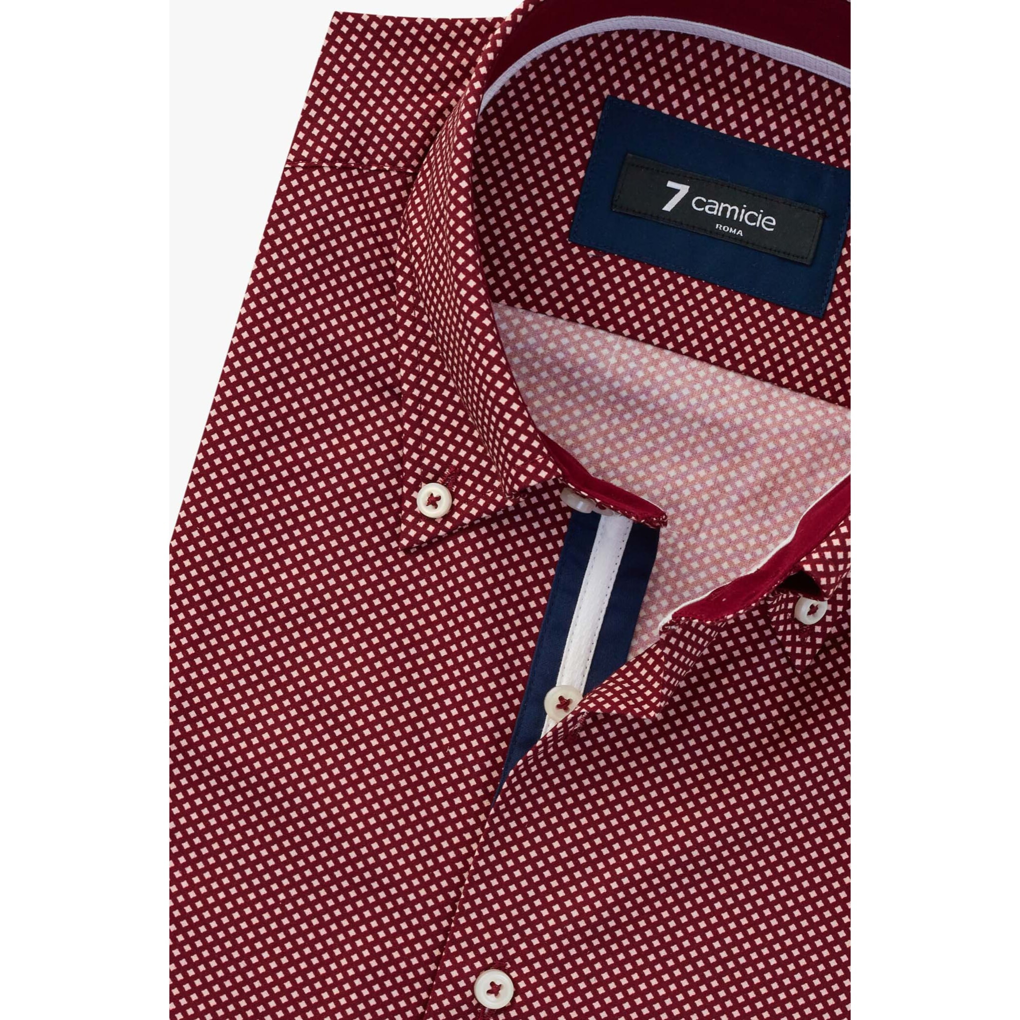 Camicia Uomo 2 Bottoni Button Down Slim Popeline Stampato Bordeaux e Panna