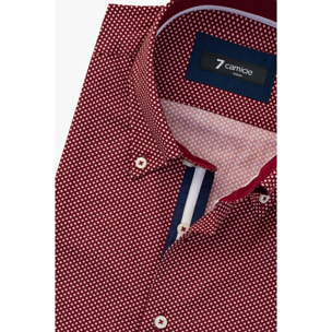 Camicia Uomo 2 Bottoni Button Down Slim Popeline Stampato Bordeaux e Panna