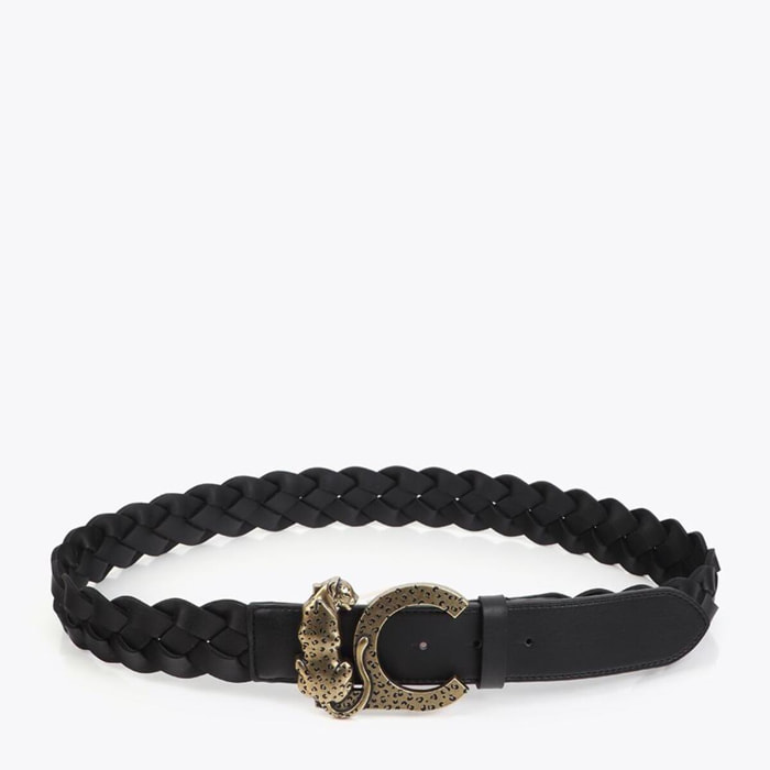 Cintura reversibile in similpelle intrecciata con fibbia con logo animale