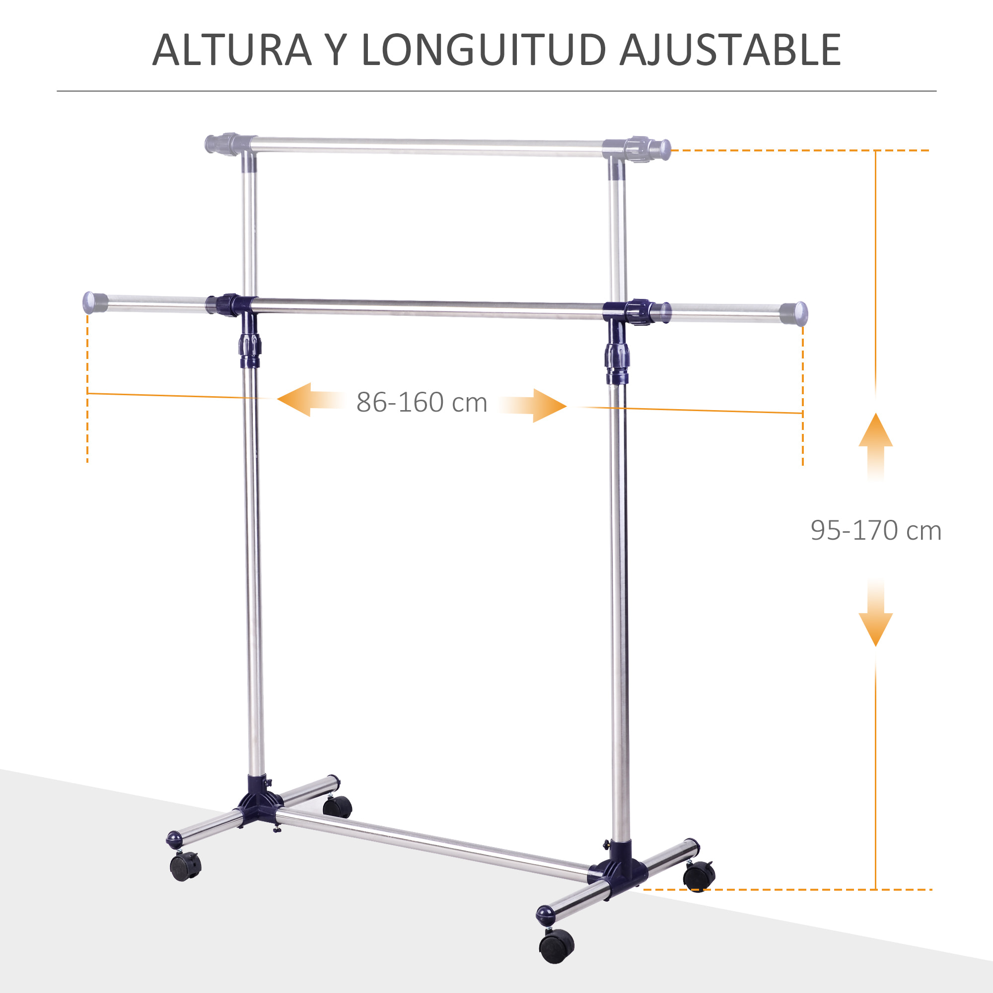 Perchero Acero Inox con 4 ruedas Alto y Largo Regulables Colgador Ropa