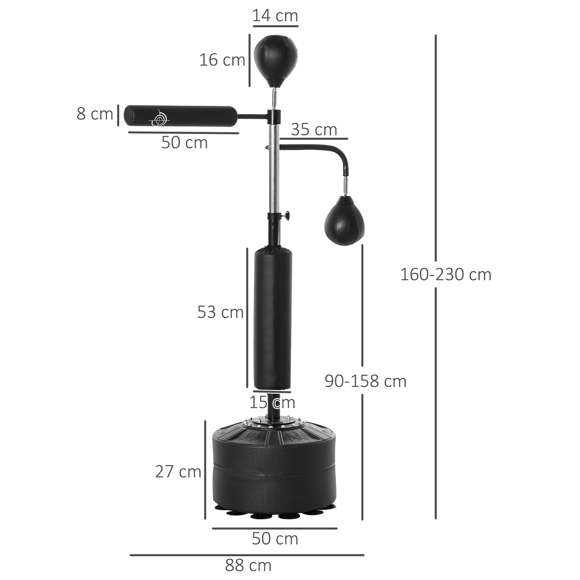 Saco de Boxeo de Pie Ajustable en Altura con 2 Bolas de Velocidad Barra y Base Rellenable Agua o Arena Punching Ball para Adultos 88x50x160-230 cm Negro