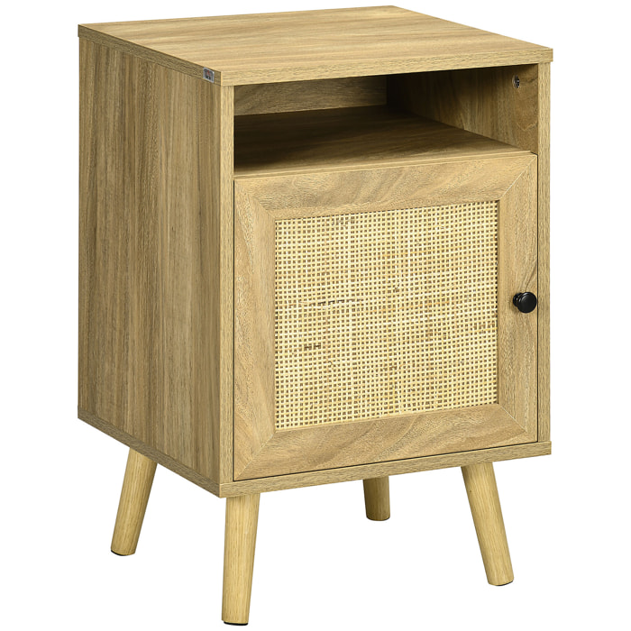 Mesita de Noche Mesilla de Noche con Puerta de Ratán y Compartimiento Abierto Mesa Auxiliar para Dormitorio Salón Cama 39x35x60 cm Natural