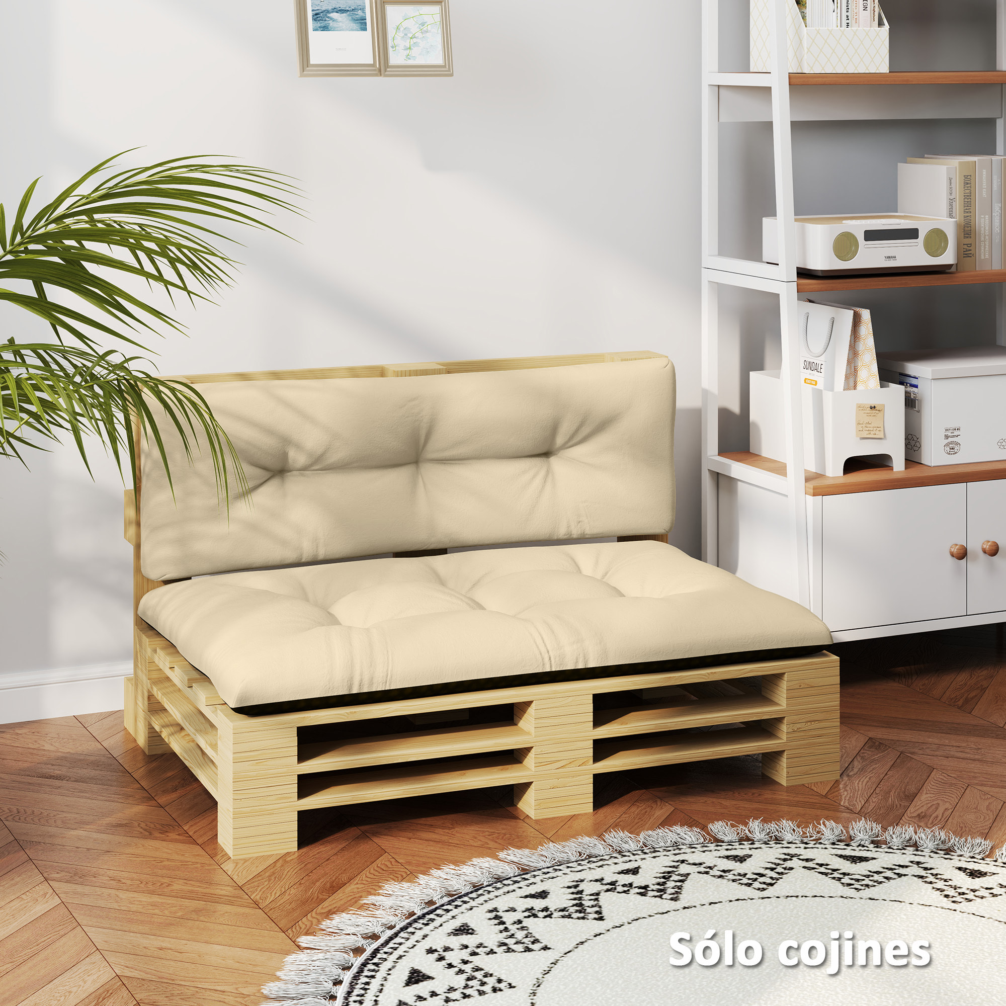 Conjunto de 2 Cojines para Palets con Tela Resistente Impermeable Anti-UV Cojines Exterior para Jardín Terraza Interior Asiento 120x77 cm Respaldo 120x40 cm Beige