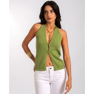 Top de mujer de punto fino con cuello halter y espalda descubierta.