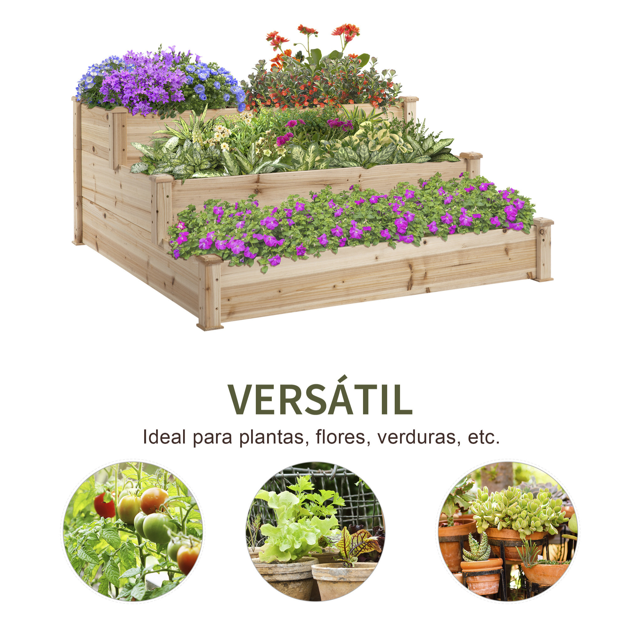 Jardinera Exterior Grande de Madera Arriate de Jardín de 3 Niveles con Diseño de Escalera Huerto Urbano para Cultivos Plantas Flores para Patio Terraza Balcón 120x120x56 cm Natural