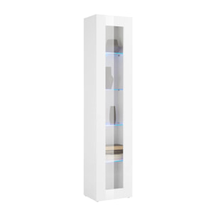 Vetrina a colonna con anta a vetro, Made in Italy, con luce LED blu, Credenza con ripiani, Vetrinetta da soggiorno, cm 40x30h180, colore Bianco lucido