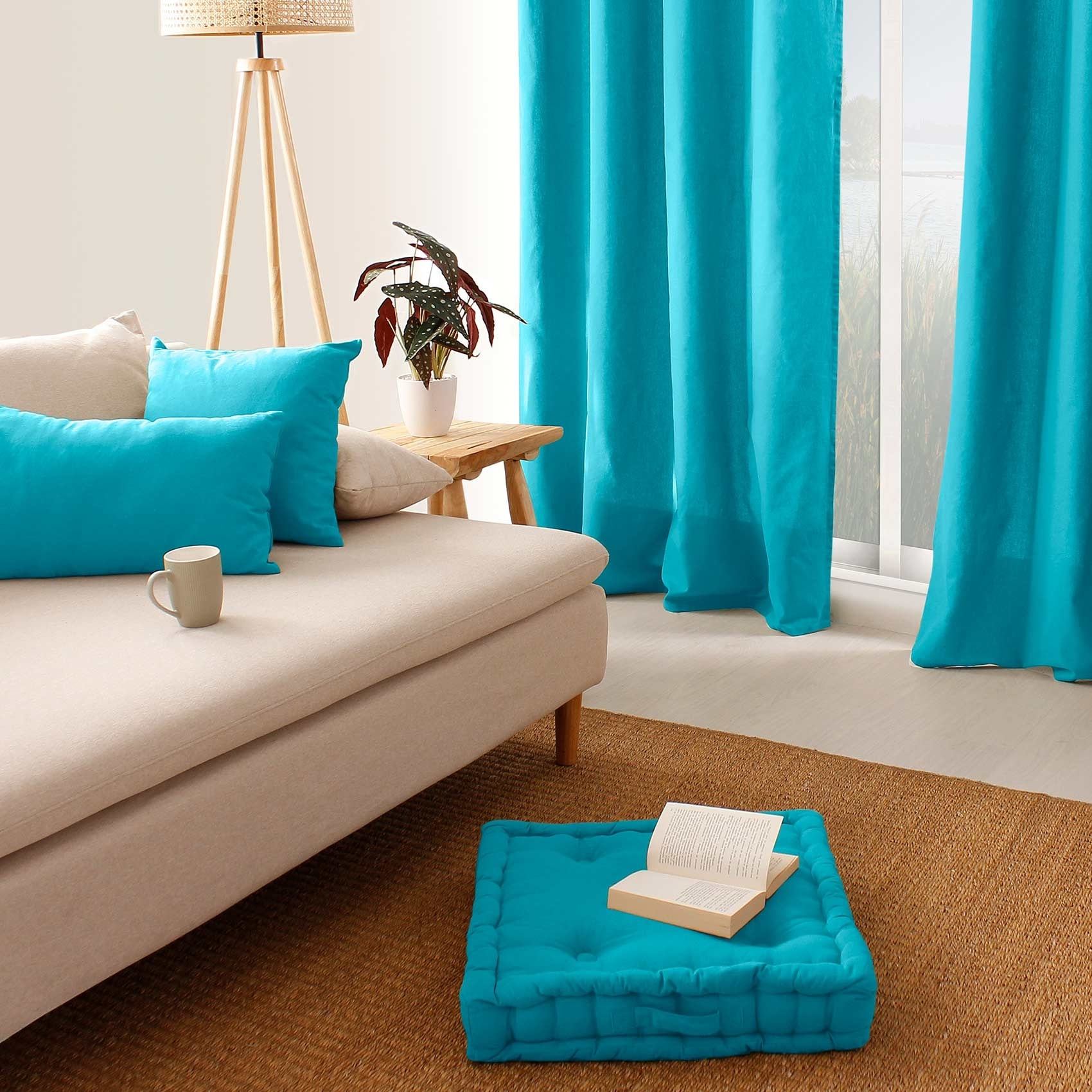 Coussin de sol uni en pur coton - Turquoise