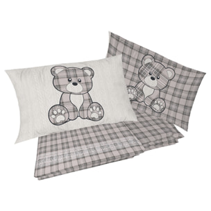 Completo letto in flanella tartan orsetto beige flanella 100% cotone
