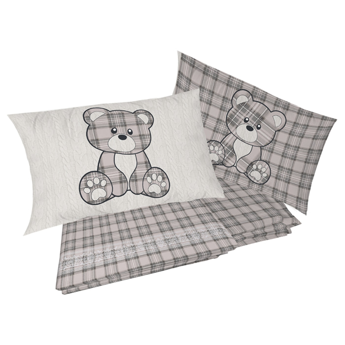 Completo letto in flanella tartan orsetto beige flanella 100% cotone