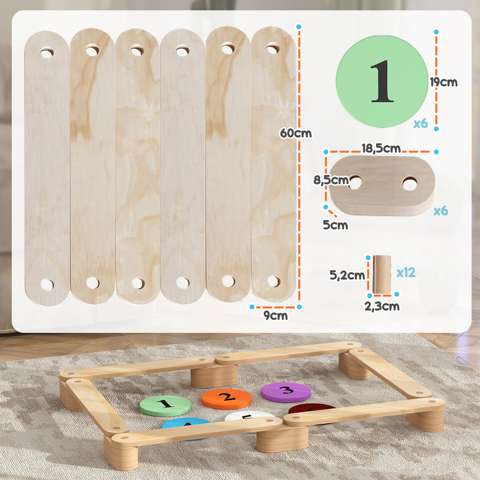 Poutre d'équilibre enfant en bois - pierres d'obstacle colorées - intérieur extérieur