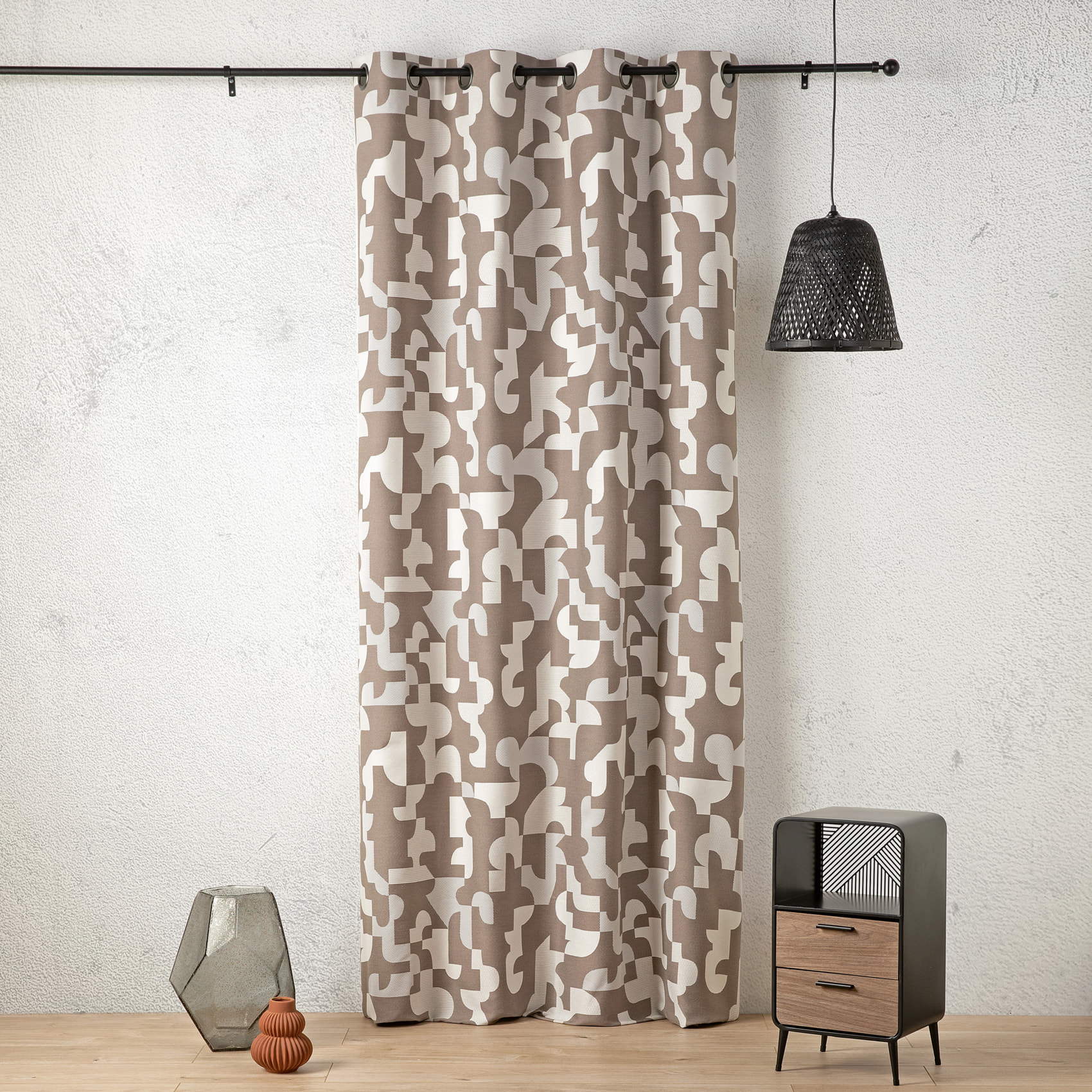 Rideau jacquard géométrique texturé rétro - Taupe