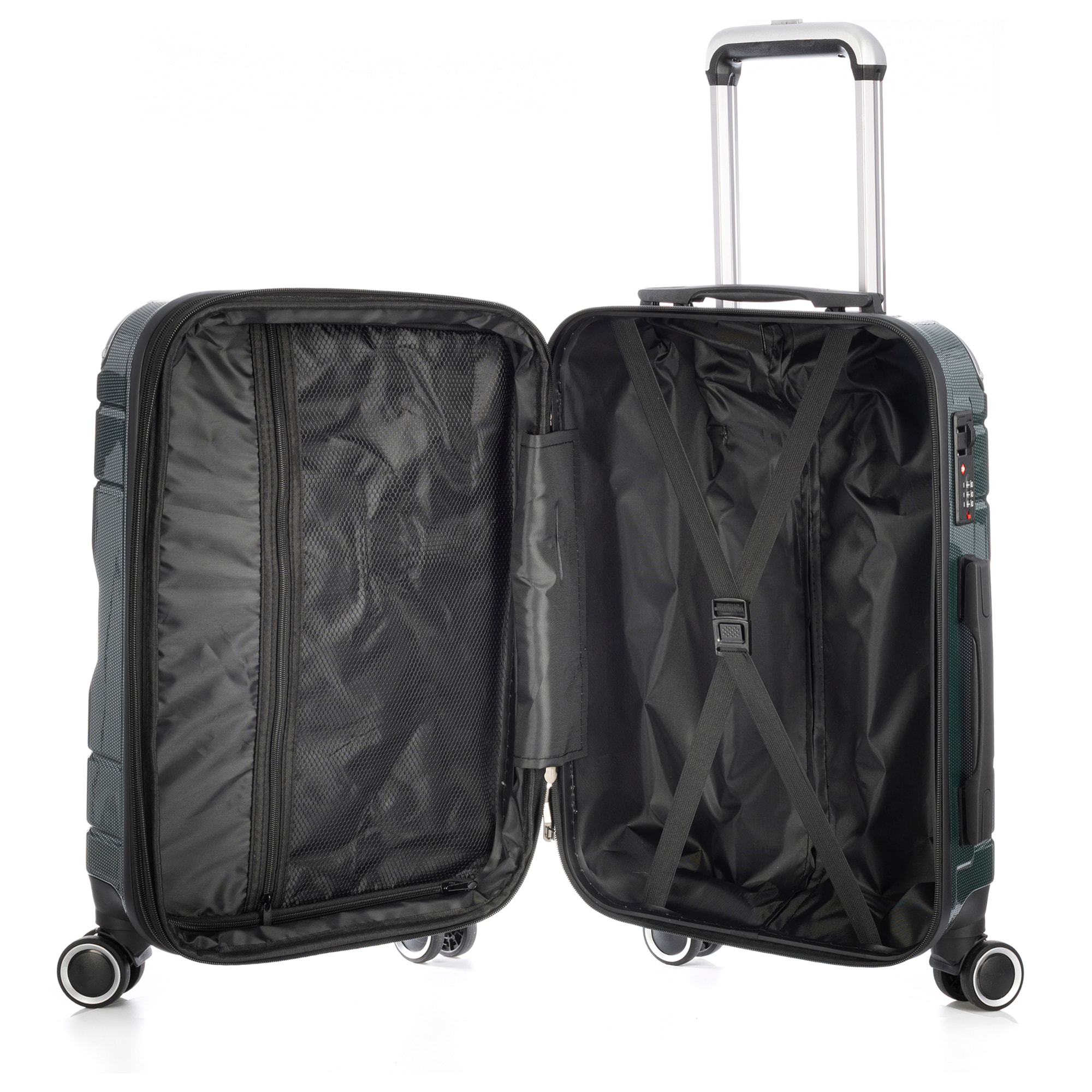 DAM Valigia da cabina Trolley estensibile in materiale leggero ABS+PC ad alta resistenza con angoli rinforzati. Serratura numerica TSA, 4 ruote doppie estraibili e girevoli a 360°. 37x24x56 Cm. Colore: Verde