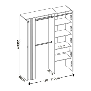 Guardaroba Wetterhorn, Struttura per cabina armadio con tenda, Mobile appendiabiti aperto, 160x50h203 cm, Rovere