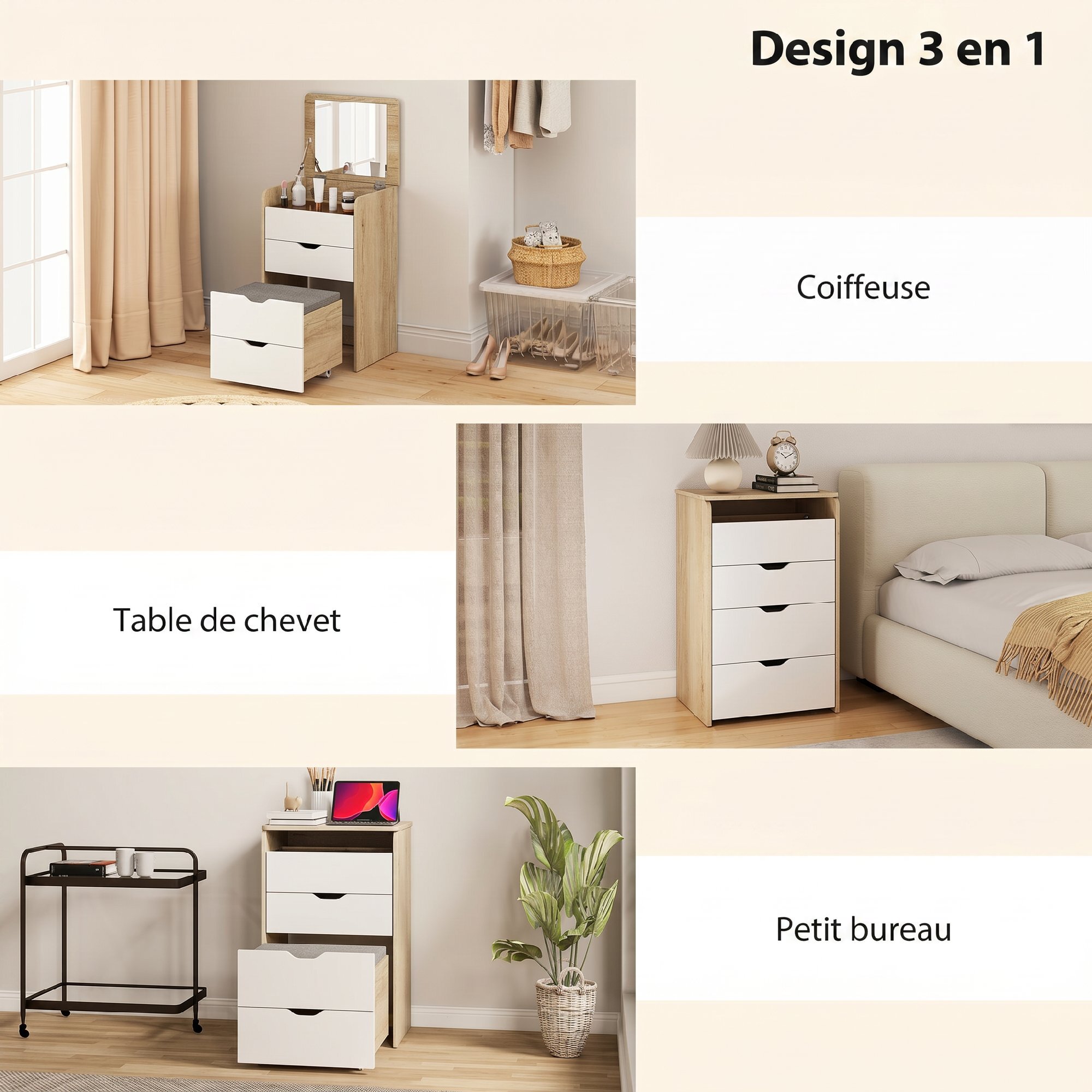 Coiffeuse chevet bureau d'appoint avec tabouret 3 en 1 multi-rangement