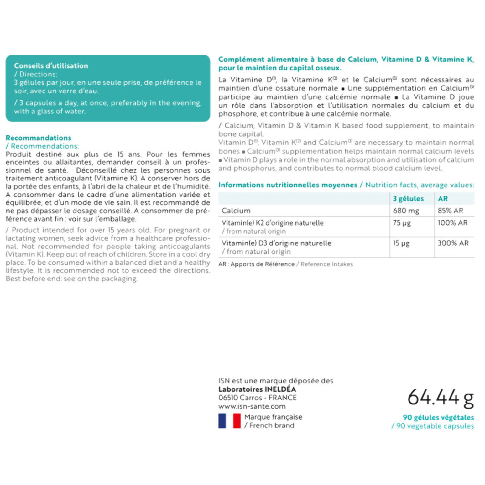 ISN - Osteobiol- Complément alimentaire riche en calcium, vitamines D3 et K2 d'origine naturelle - Maintien de la densité osseuse - Sans allergène - Cure de 30 jours