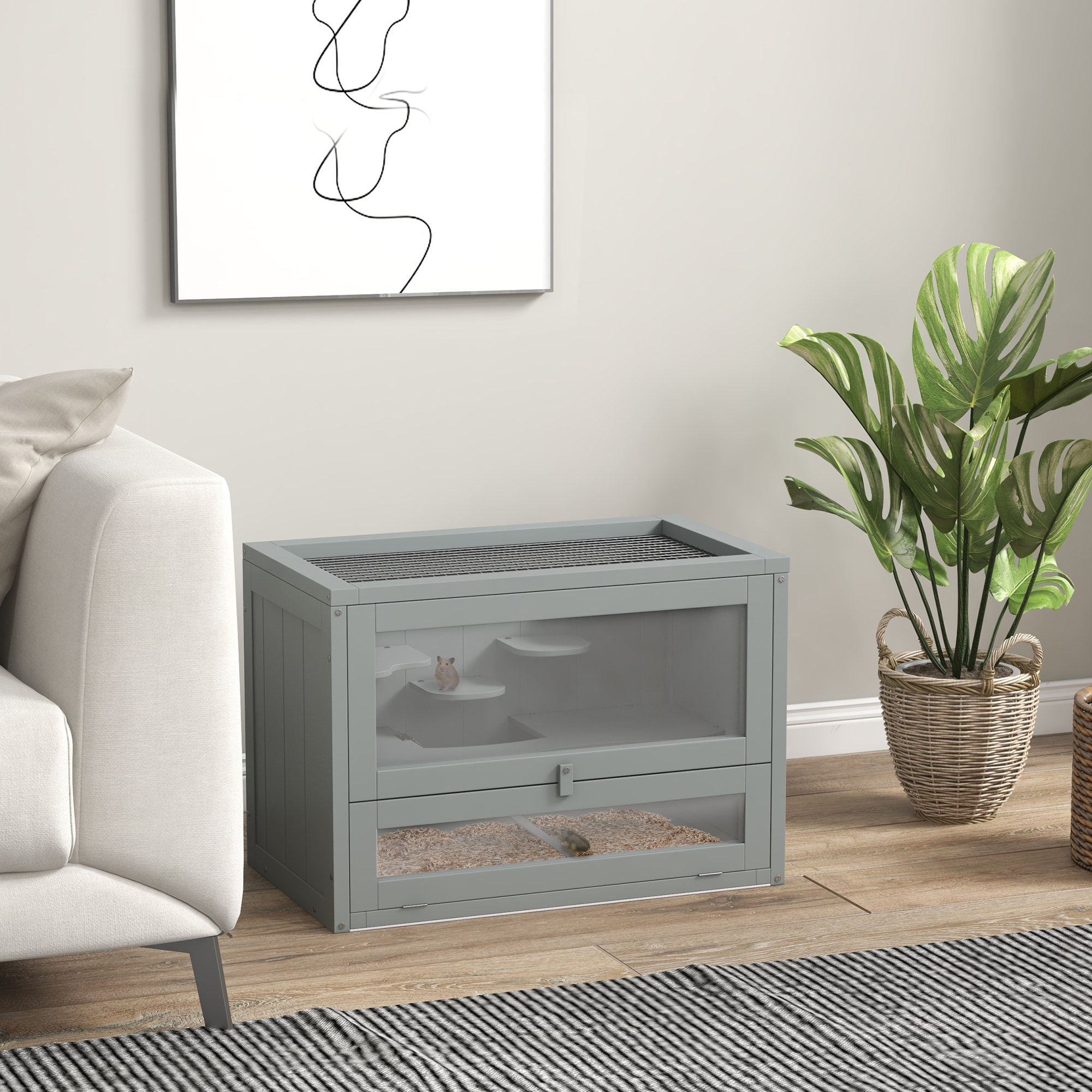 Jaula para Hámster de Madera de 2 Niveles Casa para Animales Pequeños con Plataformas Escaleras 60x35x42 cm Gris