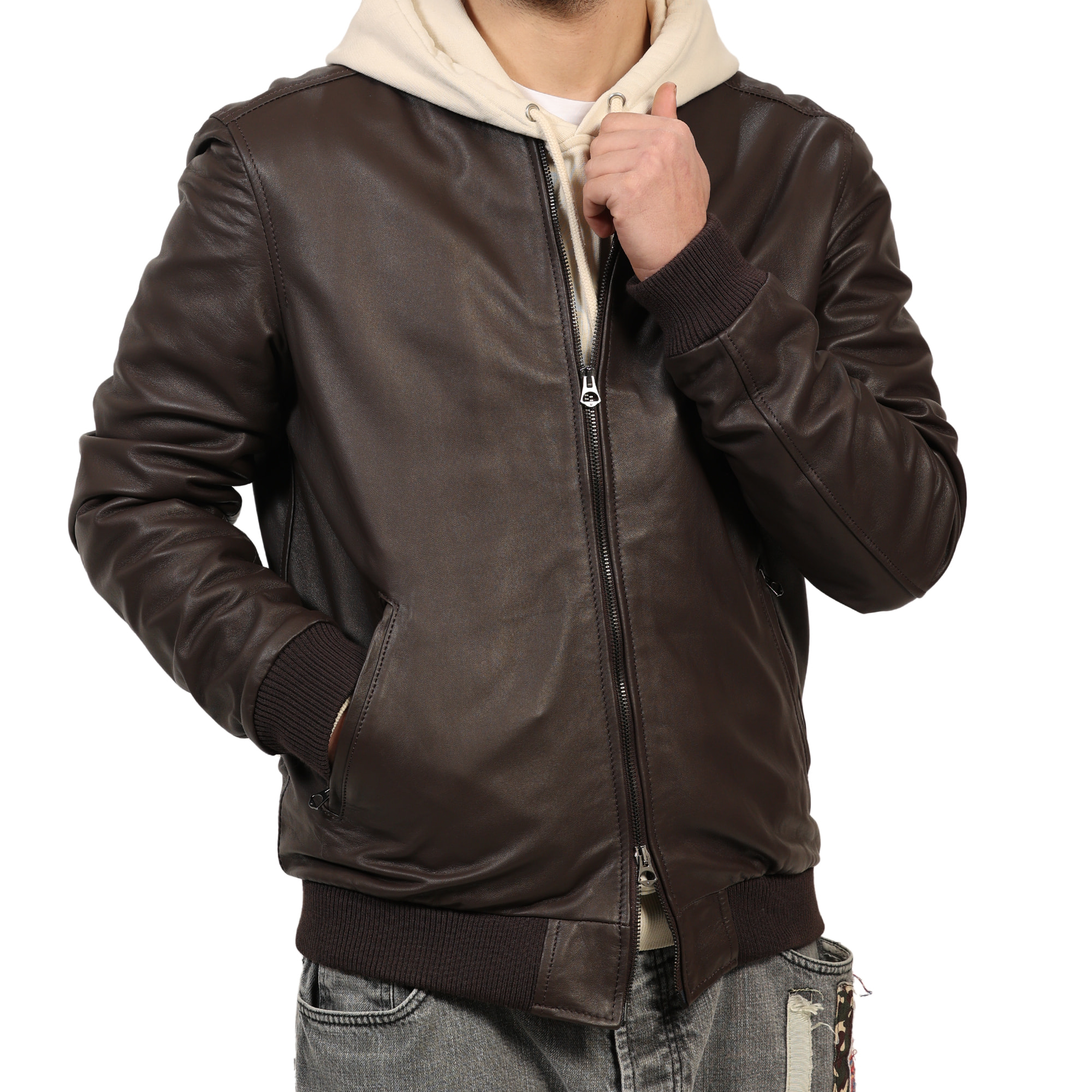 Giubbino in vera pelle di vitello Marrone-Slim Fit