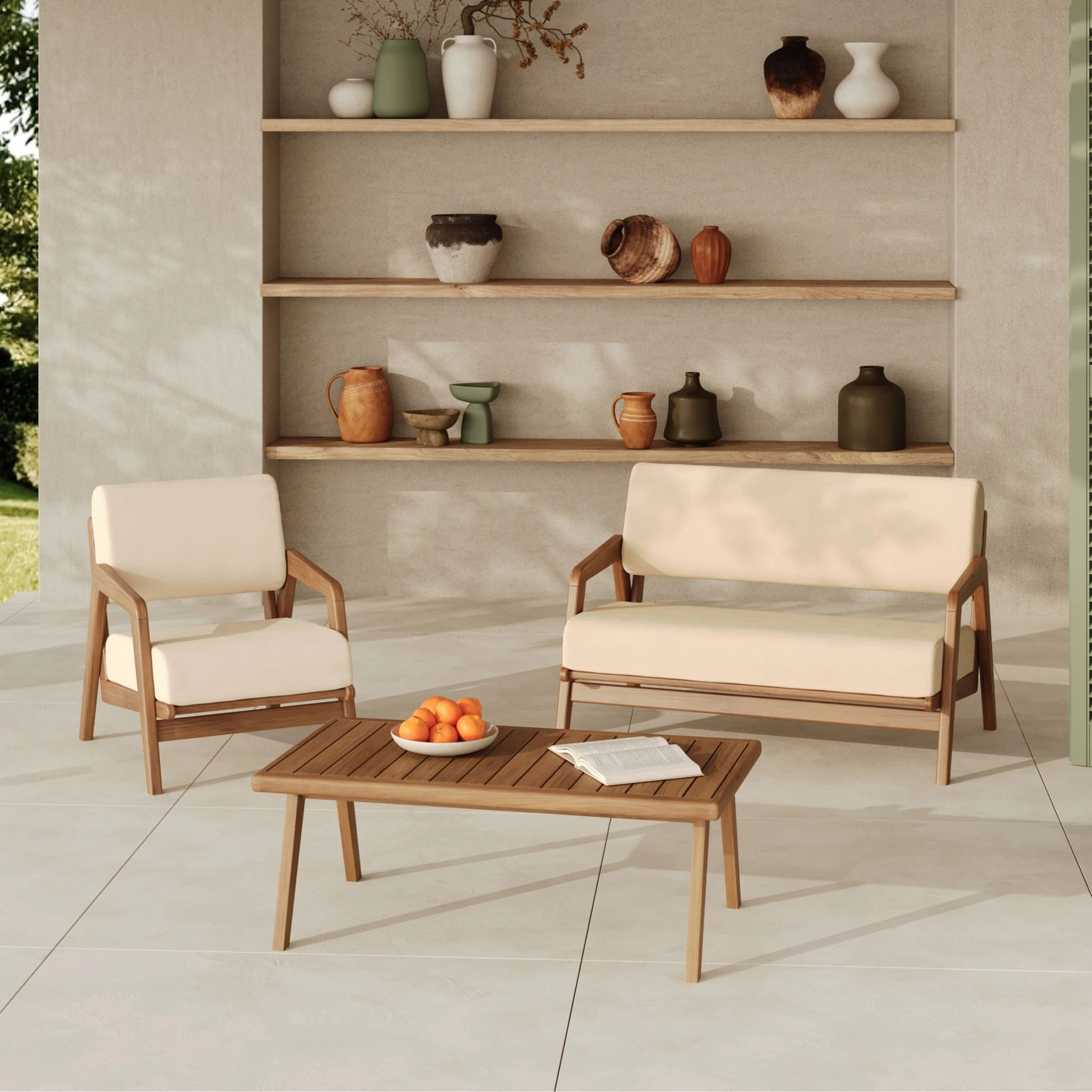 Canapé de jardin en bois d'acacia, tissu beige clair 2 places - Siargao