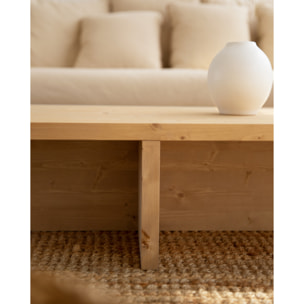 Mesa de centro de madera maciza en tono roble medio de 124x27cm Alto: 27 Largo: 123.5 Ancho: 46.6