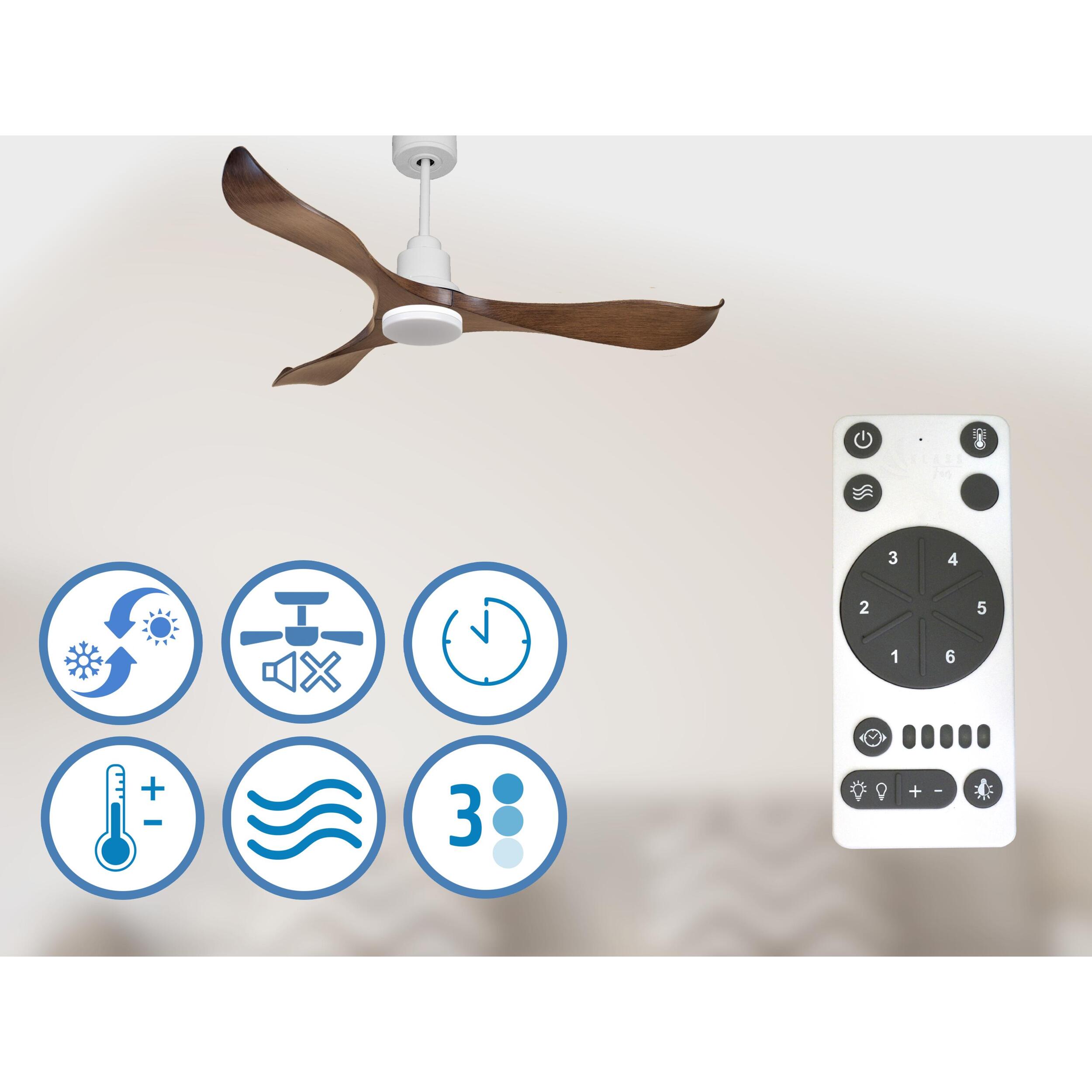 Ventilateur de plafond Réversible  Thermostat Dimmable Wifi Moteur à courant continu Toits en pente Télécommande Lumière à trois tons Adaptateur 2/3 Lames
