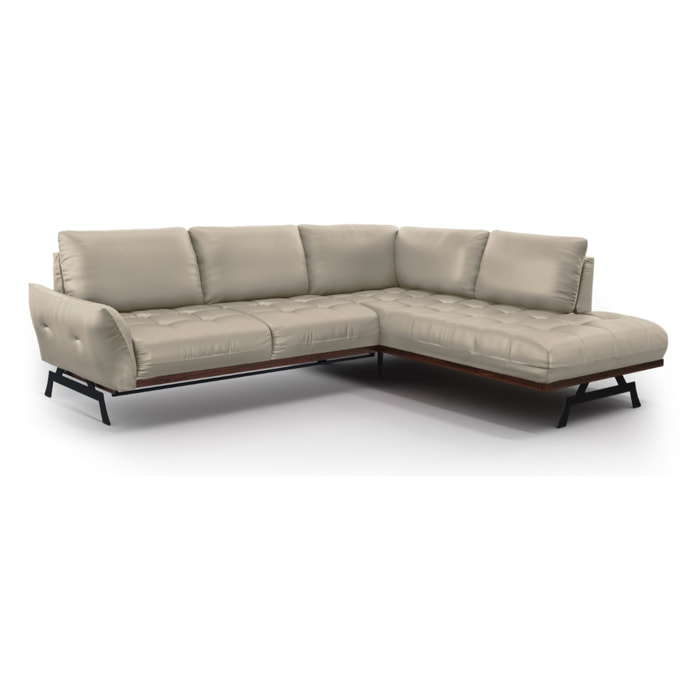 Canapé d'angle droit convertible "Olivier" 5 places en cuir véritable gris clair