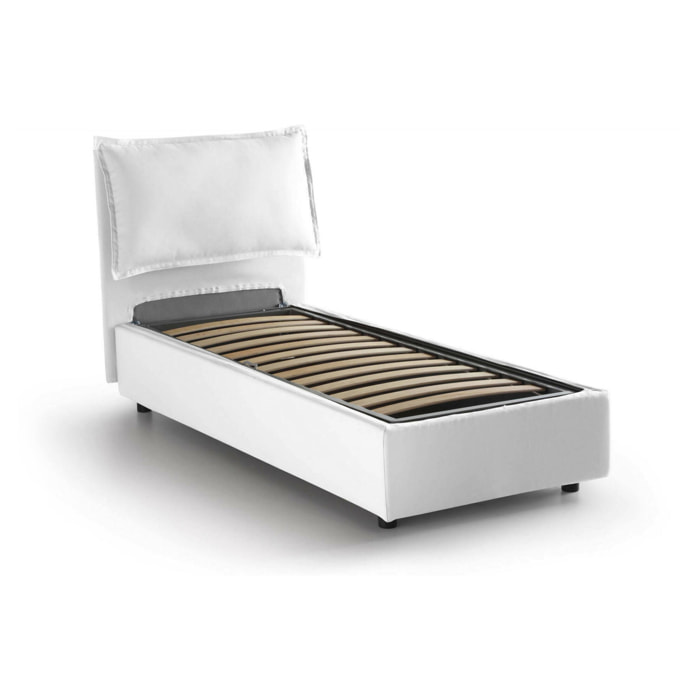 Letto singolo Azzurrino, Letto contenitore con rivestimento in tessuto, 100% Made in Italy, Apertura frontale, adatto per materasso Cm 80x200, Bianco