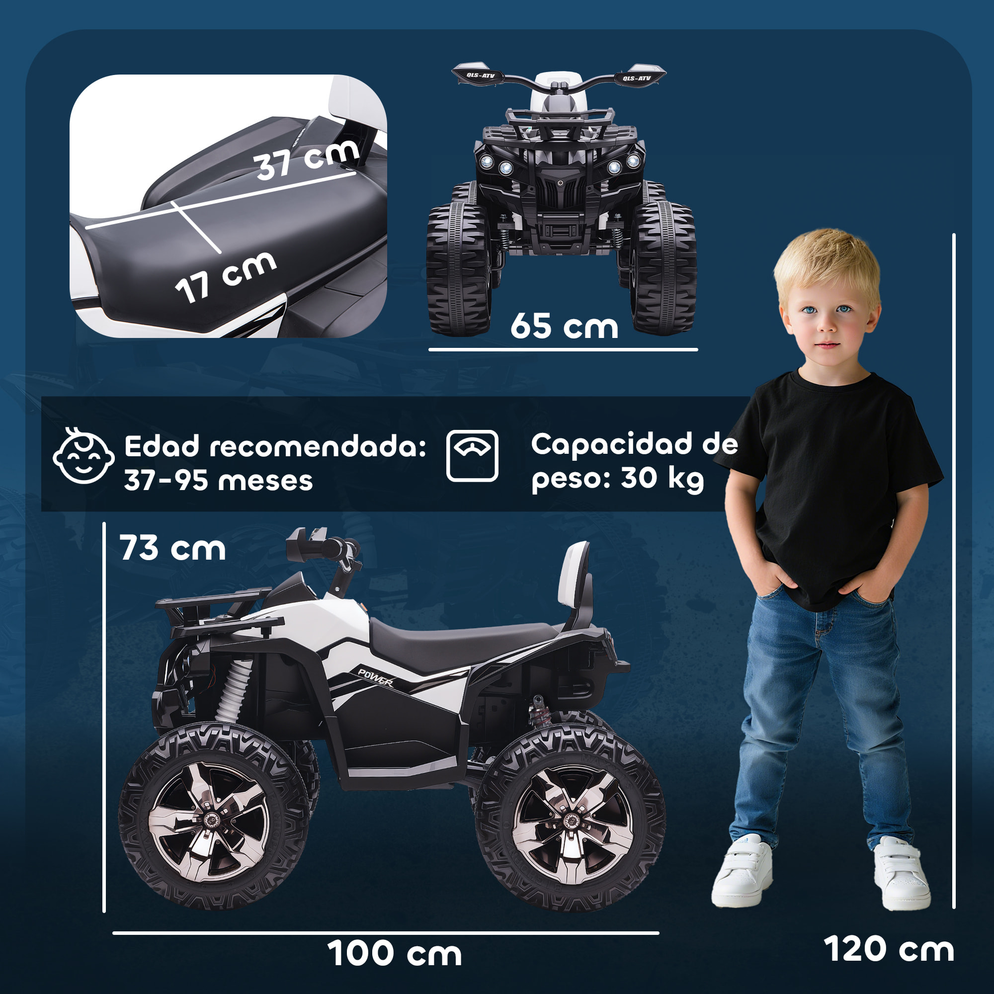 Quad Eléctrico para Niños 12V, Quad para Niños de 3â‚¬â€œ5 Años con 2 Motores, Velocidad 3â‚¬â€œ8 km/h, Música, Faros LED, MP3, USB, Tarjeta TF, Pedal, Avance y Retroceso, Blanco
