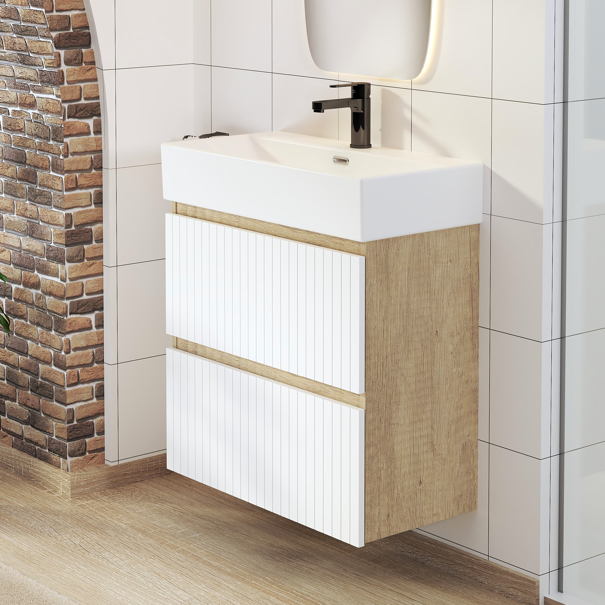 Conjunto de Baño Zel | Mueble Suspendido | 70 cm Blanco | Dos Cajones | Lavabo Encastrado | No incluye Espejo | Mueble Montado| Alday