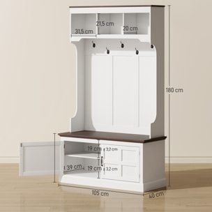 Perchero Zapatero, Perchero Entrada Recibidor con Banco Zapatero 5 Ganchos 3 Estantes Armario y Compartimentos Estilo Rústico para Pasillo Dormitorio Salón 105x40x180 cm Blanco