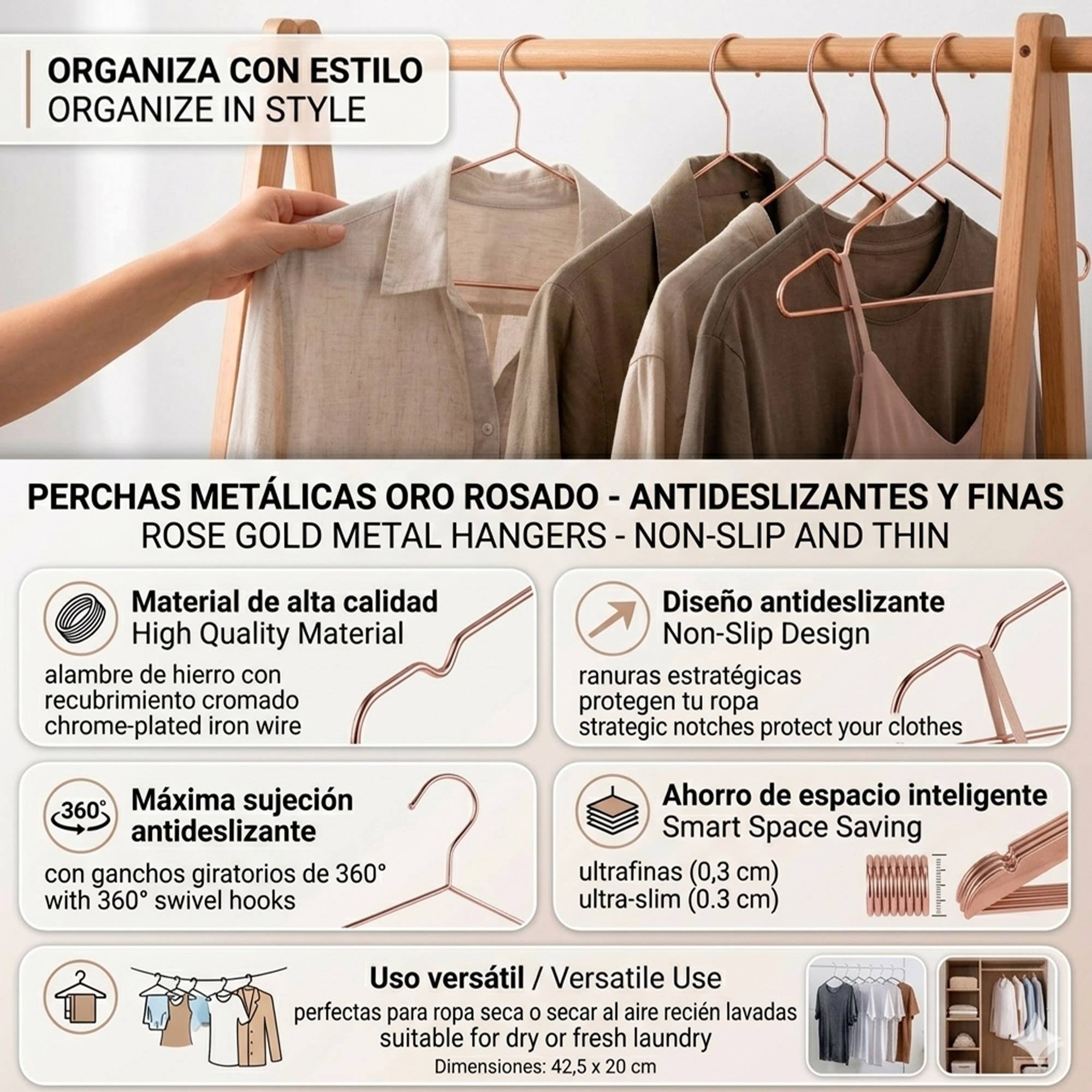 Set de perchas metálicas - Oro rosado - Antideslizantes y finas
