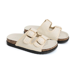 Ciabatta comfort in tessuto con doppia fibbia - BEIGE