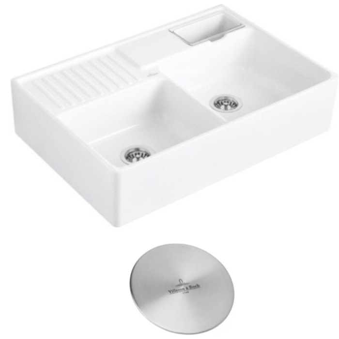 Evier timbre d'office Tradition 2 bacs 89,5 x 63 céramique vidage auto blanc + Cache bonde acier massif