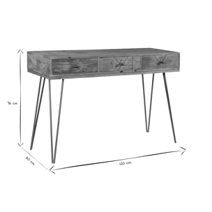 Console avec rangements 3 tiroirs en bois manguier massif gravé et métal doré L120 cm LINIUM
