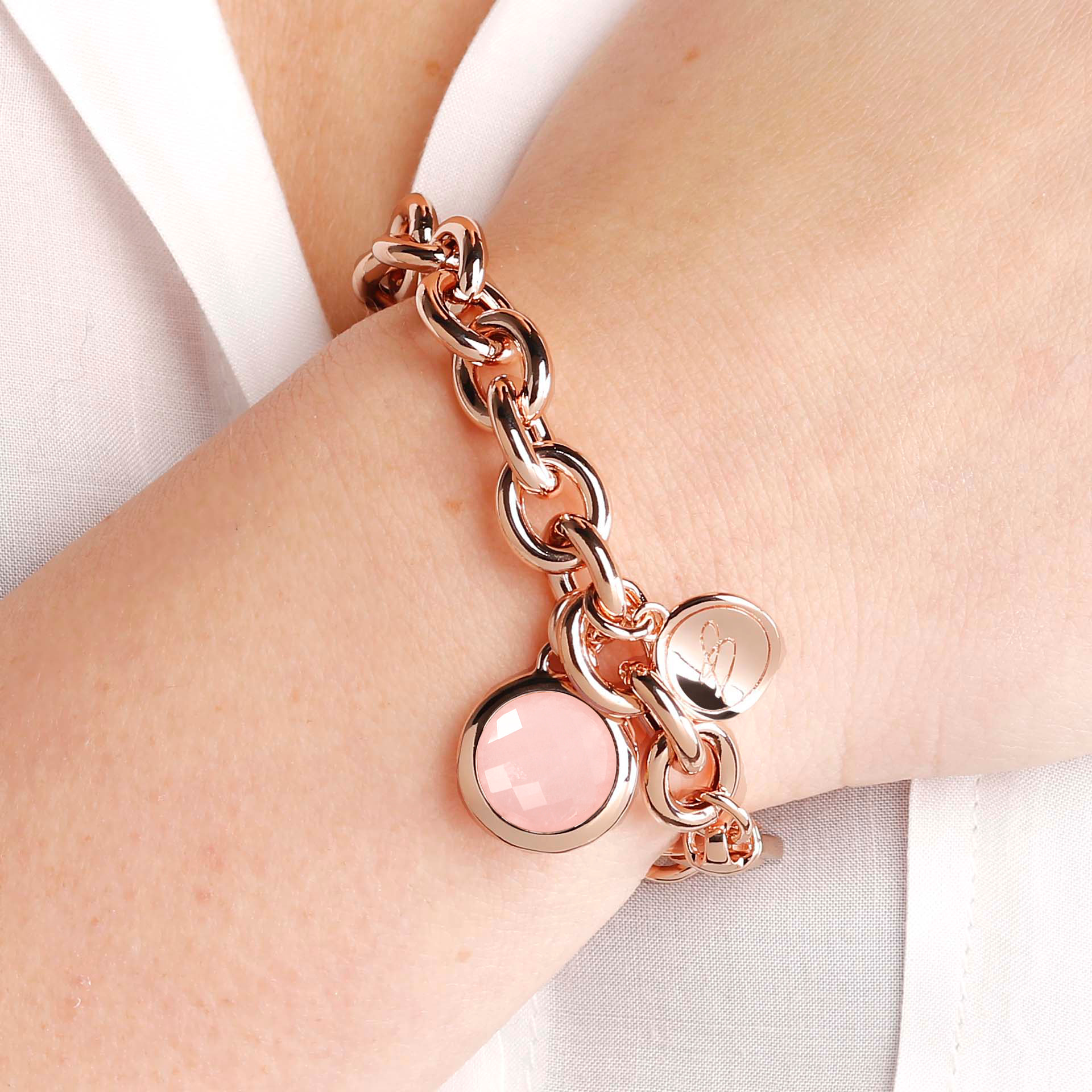 Bracciale Catena Rolo con Ciondolo in Pietra Naturale Tonda Quarzo Rosa