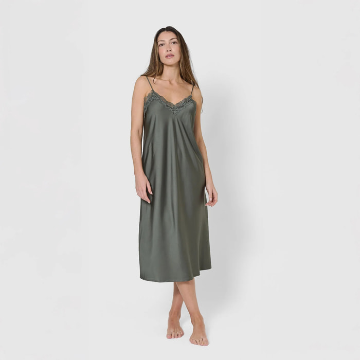 Camisón midi satén verde cacería