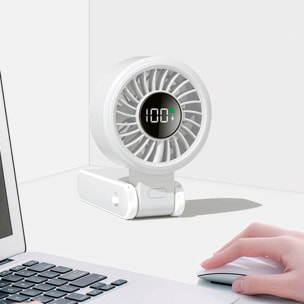 Ventilador portátil S1062 con 199 velocidades de regulación continua, pantalla LCD y visualización en tiempo real del nivel de batería. Incluye lanyard para colgar.