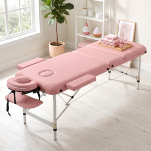 Camilla Masaje Plegable Portátil Camilla Estética Profesional de Aluminio de 3 Zonas con Respaldo Altura Ajustable 9 Niveles Reposacabezas Extraíble Reposabrazos Bolsa para Spa 215x81 cm Rosa
