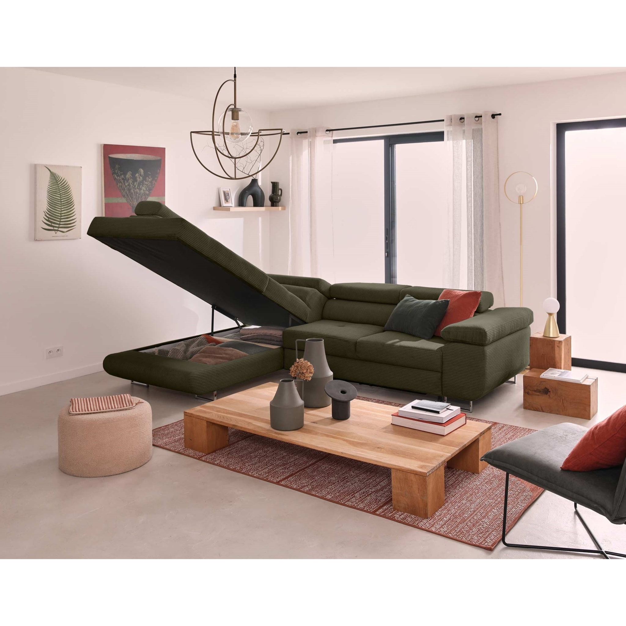 Zaria - canapé d'angle gauche - convertible avec coffre et têtières réglables - 5 places - en velours côtelé - Vert