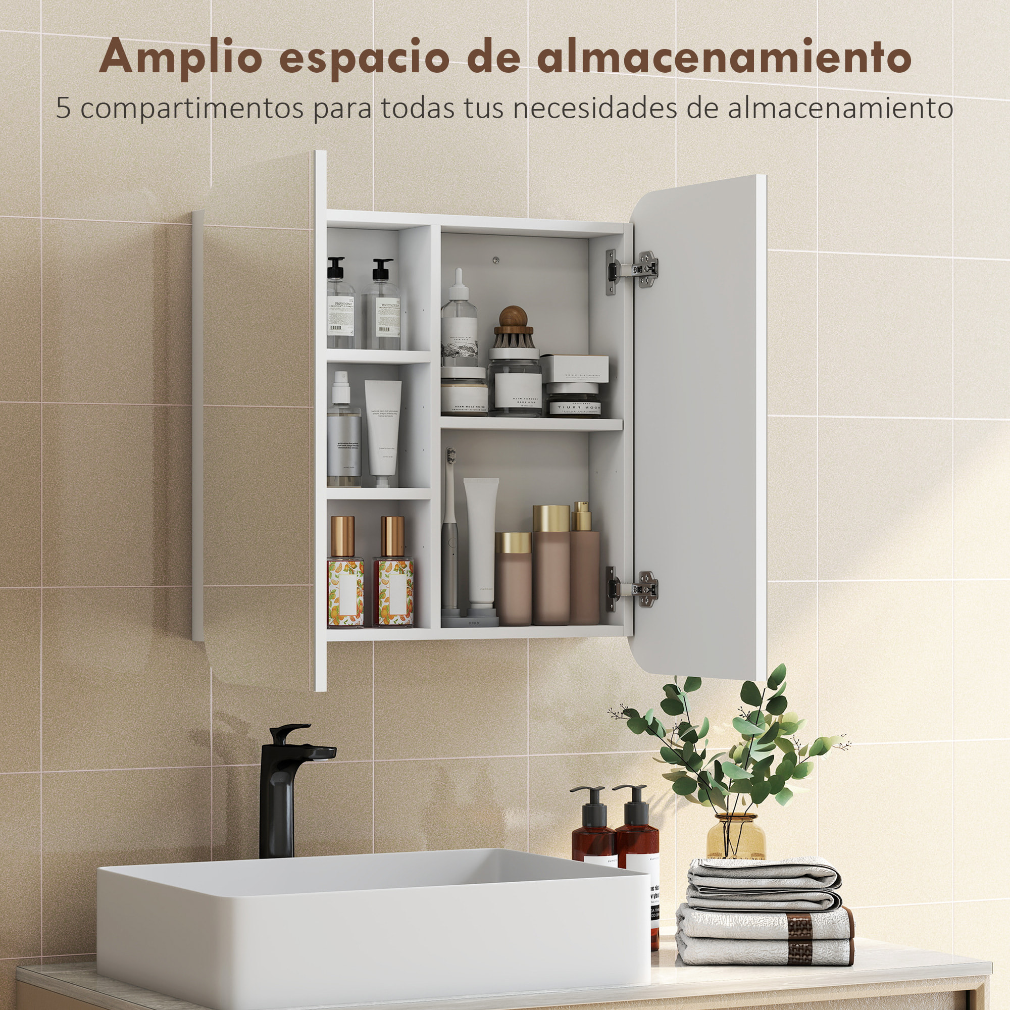 Armario de Baño con Espejo, Diseño con Bordes Curvados, Armario de Pared, Mueble de Baño Colgar, 2 Puertas, Estantes Ajustables, 68x13x66 cm, Blanco