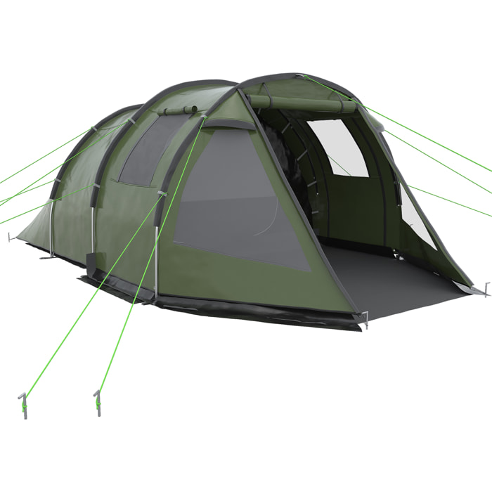 Tienda de Campaña de Túnel Tienda Camping para 3-4 Personas Impermeable PU2000 mm Protección UV30+ con Ventanas y Bolsa de Transporte para Senderismo 475x264x172 cm Verde