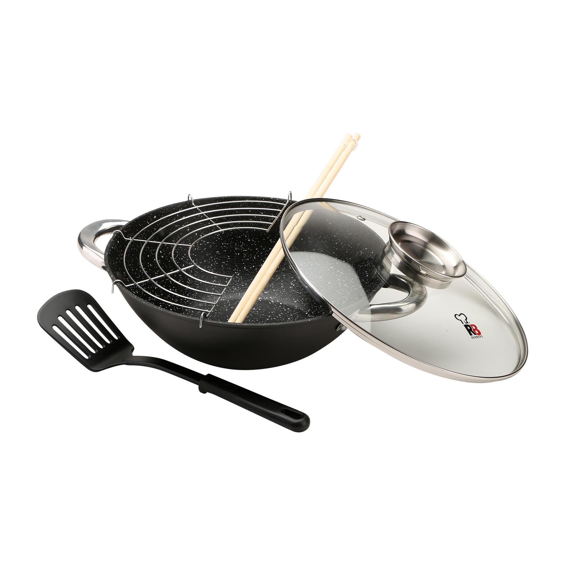 Wok Ø28x9,4cm con revestimiento de mármol en hierro fundido y tapa de vidrio con 2 utensilios de cocina y rejilla grill