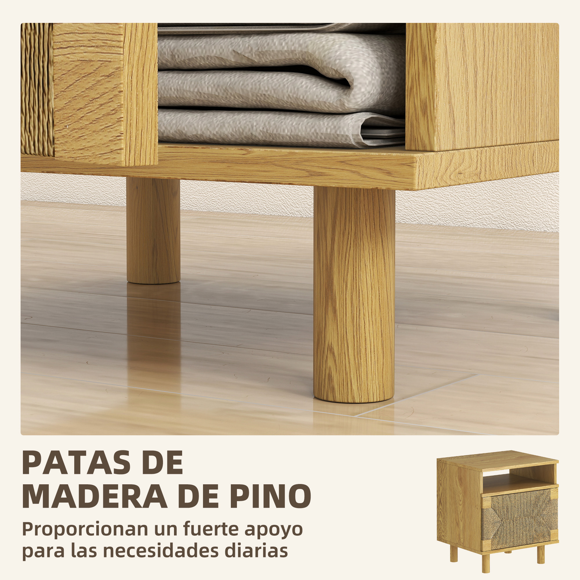 Mesita de Noche Bohemio con Puerta de Cuerda de Papel, Mesilla de Noche con Estante Abierto, Patas de Madera y Apertura por Presión, Mesa Auxiliar para Dormitorio, Salón, 45x39x50 cm, Roble