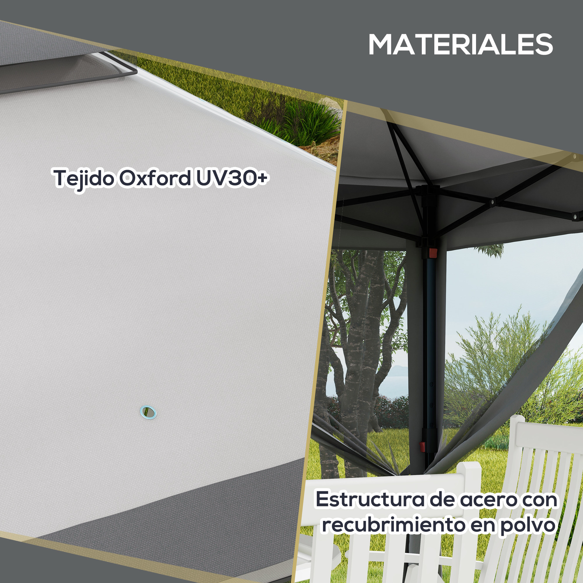 Carpa Plegable 3,26x3,26x2,72 m Cenador de Jardín con Doble Techo Altura Ajustable en 3 Niveles 4 Mosquiteras Protección UV30+ Impermeable y Bolsa para Fiestas Camping Gris