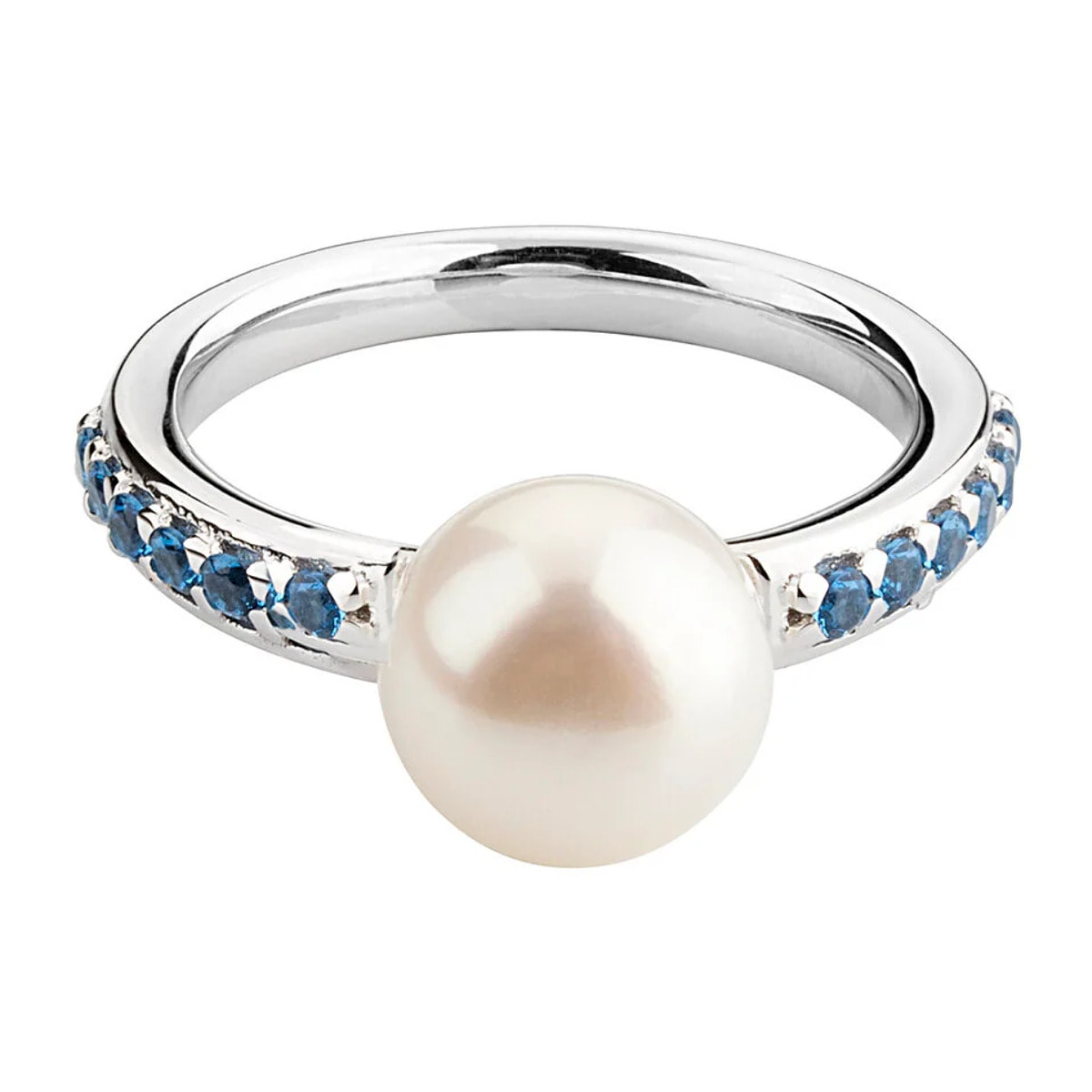 PERLAVIVA - Anello Solitario in Argento 925 placcato Oro Bianco 18Kt con Cubic Zirconia Blu e Perla Bianca d'Acqua Dolce Ø 9 mm