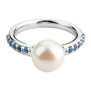 PERLAVIVA - Anello Solitario in Argento 925 placcato Oro Bianco 18Kt con Cubic Zirconia Blu e Perla Bianca d'Acqua Dolce Ø 9 mm