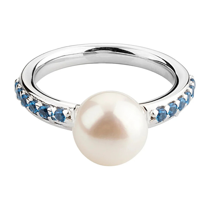 PERLAVIVA - Anello Solitario in Argento 925 placcato Oro Bianco 18Kt con Cubic Zirconia Blu e Perla Bianca d'Acqua Dolce Ø 9 mm